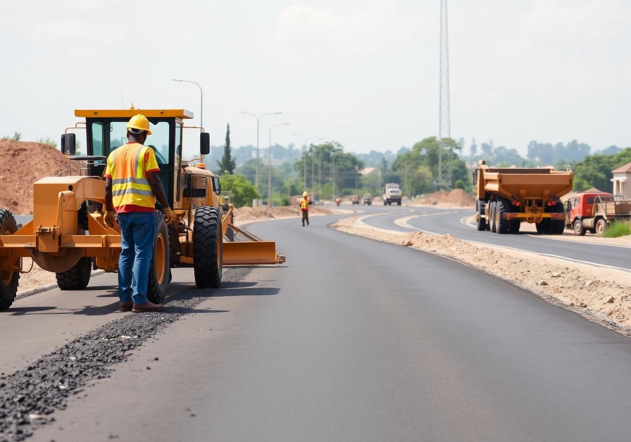 TOF civil engineering crew working on a new road with a grader and tipper truck